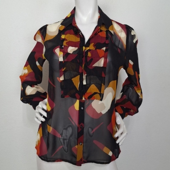 Worthington Tops - Worthington Sheer Abstract Multicolor Print Ruffle Button-Down Blouse Size S